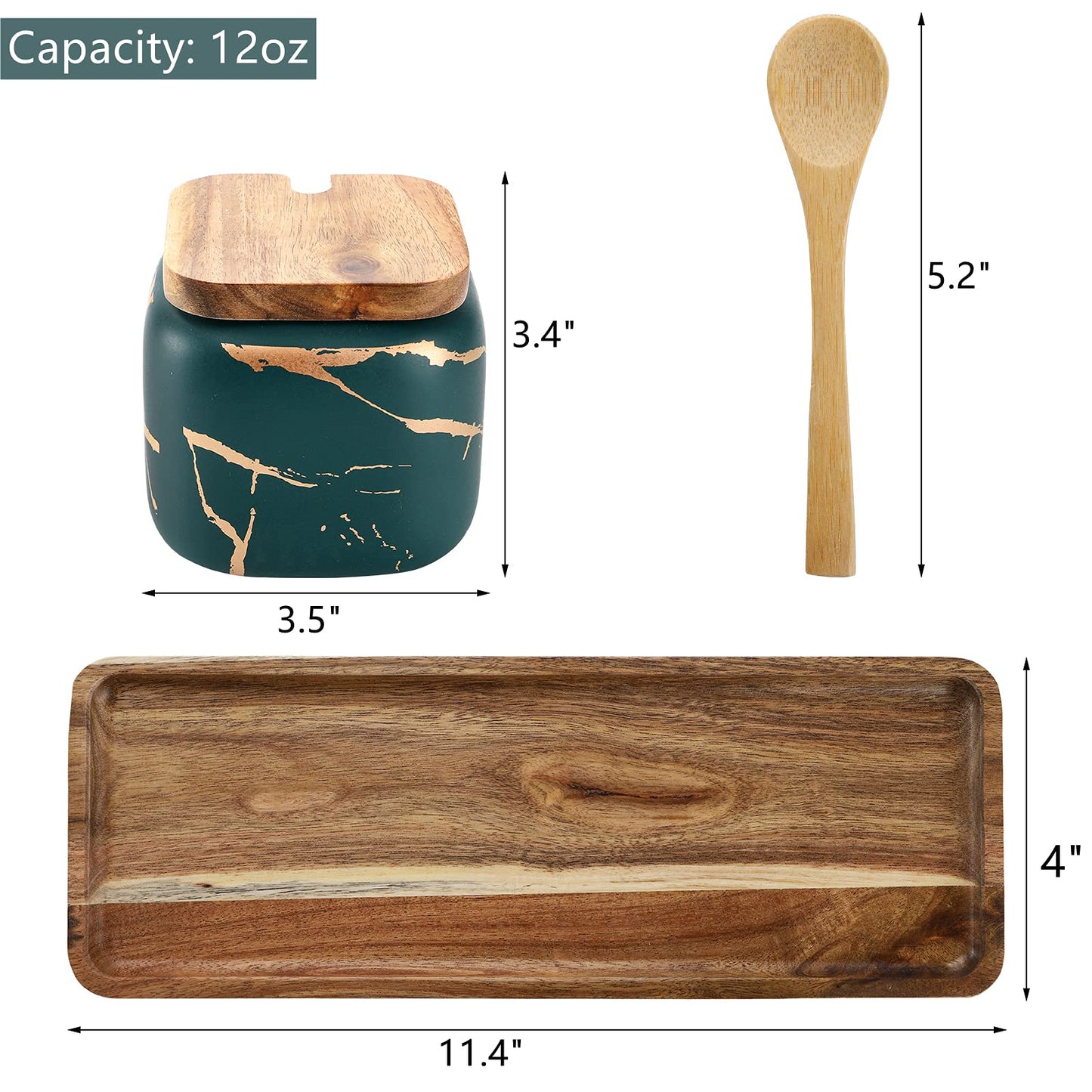Dicunoy 3 Pack Ceramic Salt and Sugar Container, Condiment Jars with Lids and Spoons, Marble Seasoning Spice Pots Bowl, Pepper Sellar with Wooden Tray for Serving, Counter, Home, Kitchen