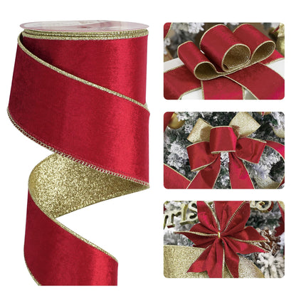 HUIHUANG Red Velvet Wired Ribbon Christmas Velvet Wired Edge Ribbon 2.5 inch Red and Gold Double Sided Ribbons for Christmas Tree Wreaths Gift Wrapping Bows Garlands Home Decor Crafts-10 Yards