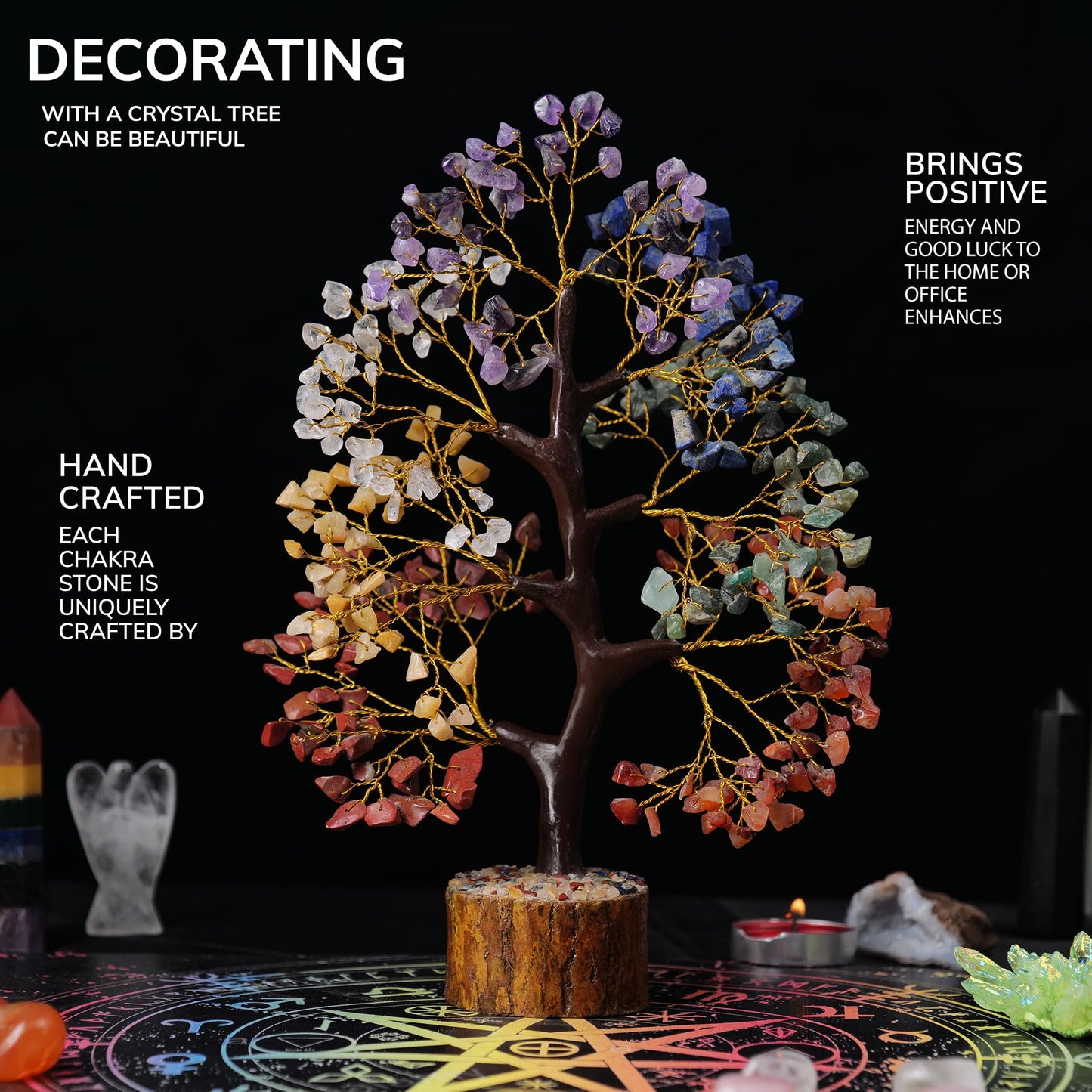YATHABI 7 Chakra Tree of Life Decor - Crystal Tree - Feng Shui Decor - Crystal Bonsai Tree - Gem Tree - Gemstone and Crystals - Spiritual Tree - Chakra Stones - Crystal Gifts - Birthday Gift for Women