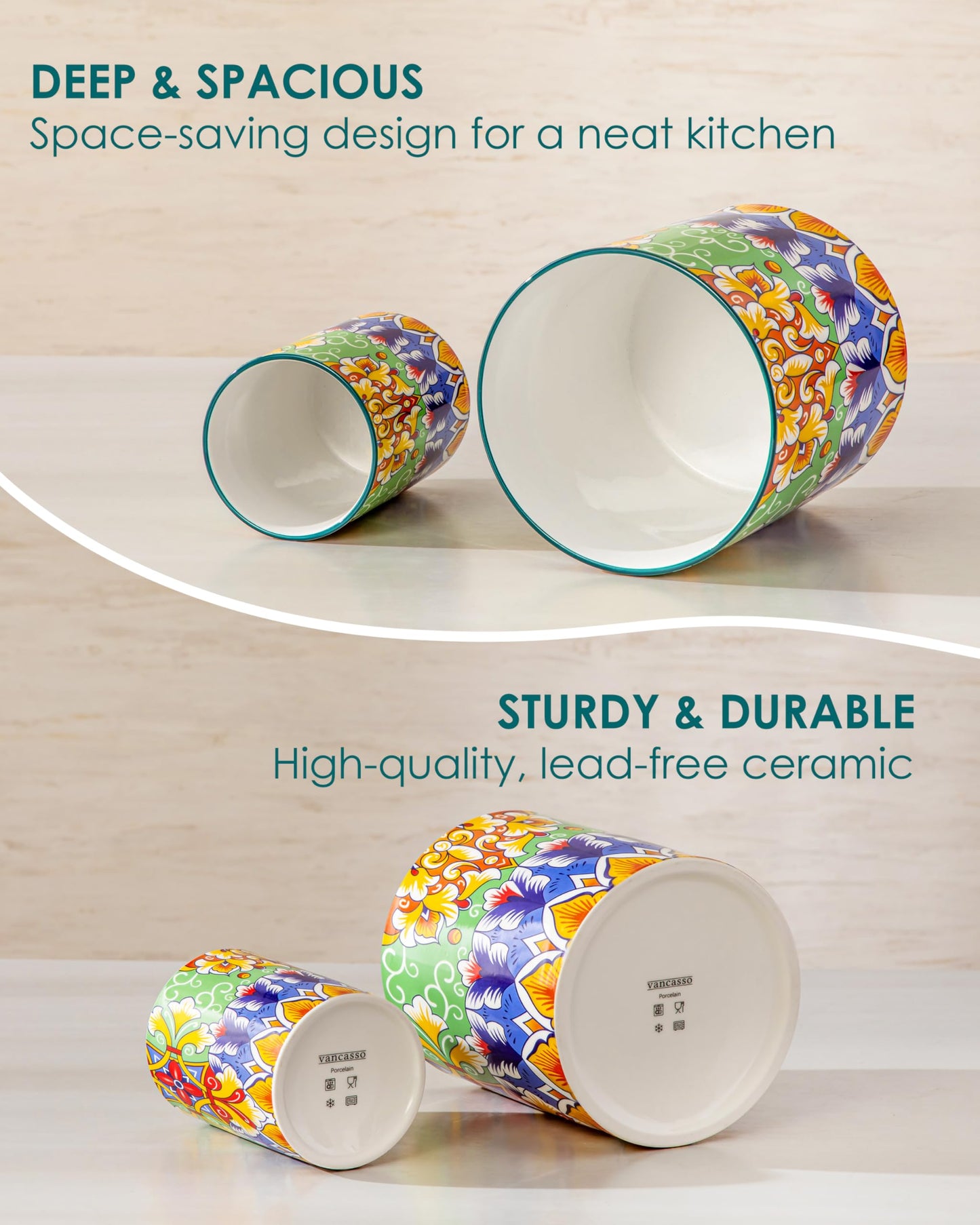 vancasso SIMI Utensil Holder, 7.3"+5.5" Porcelain Kitchen Utensil Holder for Countertop, Bohemian Kitchen Utensil Organizer for Spatulas, Spoons, Ladles, Decorative Counter Utensil Crock, Golden Bloom