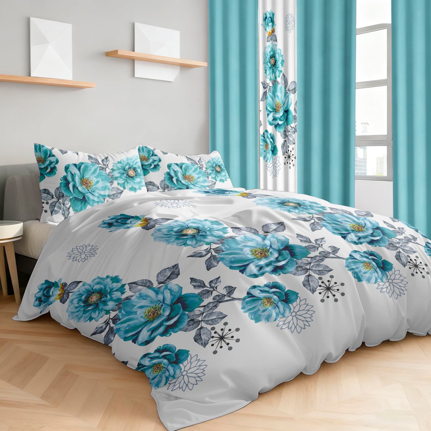 Deepsleep Queen Bedspread Set 9 Pieces, All Season Luxury Bed in a Bag for Bedroom, with 2 Pillowcases and 6 Curtains, Ultra-Soft Microfiber for Complete Bedroom Decor,Queen Size Sapphire Flower