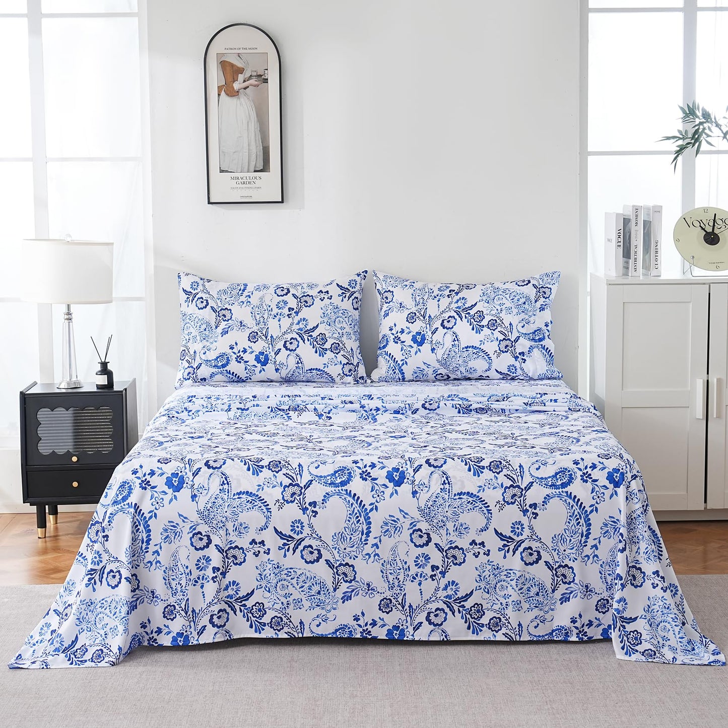 Yibeizi King Size Sheets Set Deep Pocket Blue Floral Bed Sheet Sets, Paisley Printed Soft Microfiber Oeko-Tex Hypoallergenic Sheets & Pillowcases Wrinkle Free Bedsheets