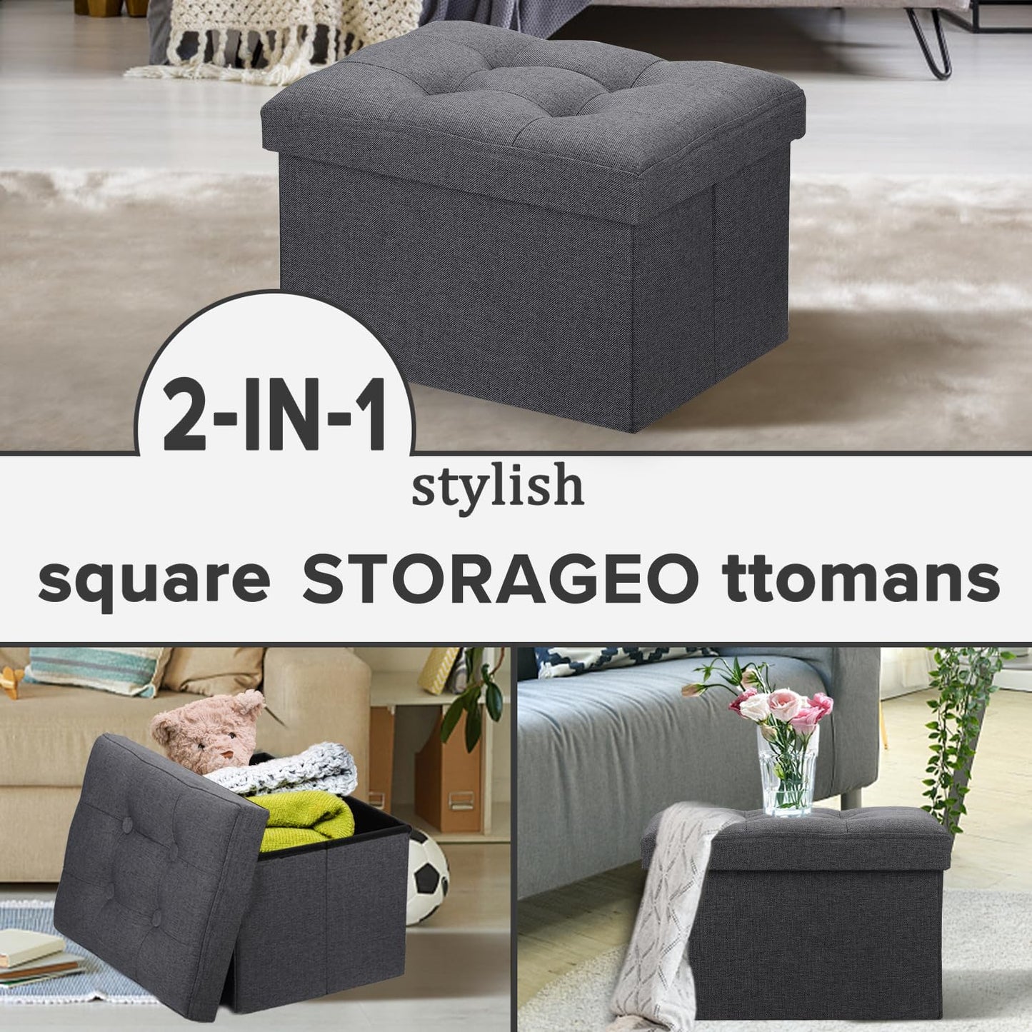 LINMAGCO Ottoman Storage Ottoman with Storage Small Foot Rest Stool Under Desk Stool Short Folding Footrest Linen Cloth Dark Gray 16X12X12IN