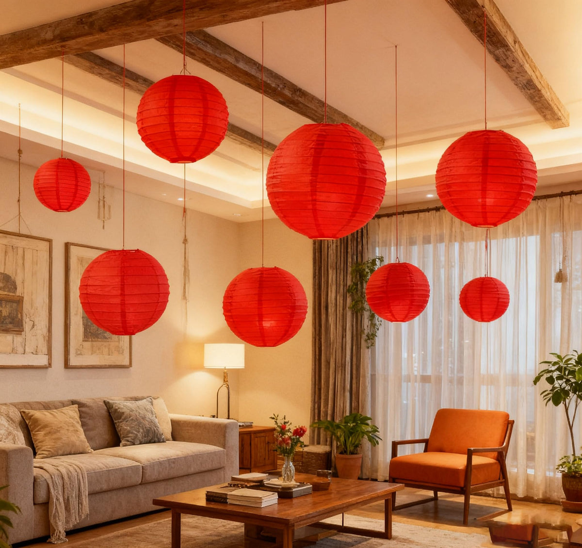 25 Pack Paper Lanterns, Sizes of 4", 6", 8", 10", 12", Hanging Lanterns Decorations Ball Lanterns for Home Decoration, Birthday Party and Wedding Decorations (Red)