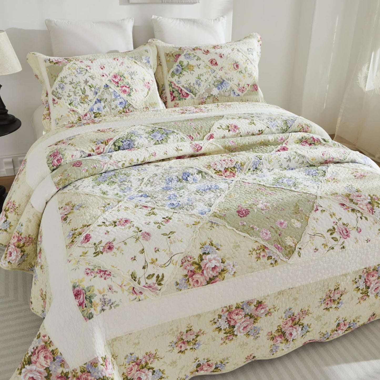 Brandream Patchwork Quilts Cotton Queen Size Country Rustic Rose Floral Bedding Coverlet Set 3-Piece Pale Yellow