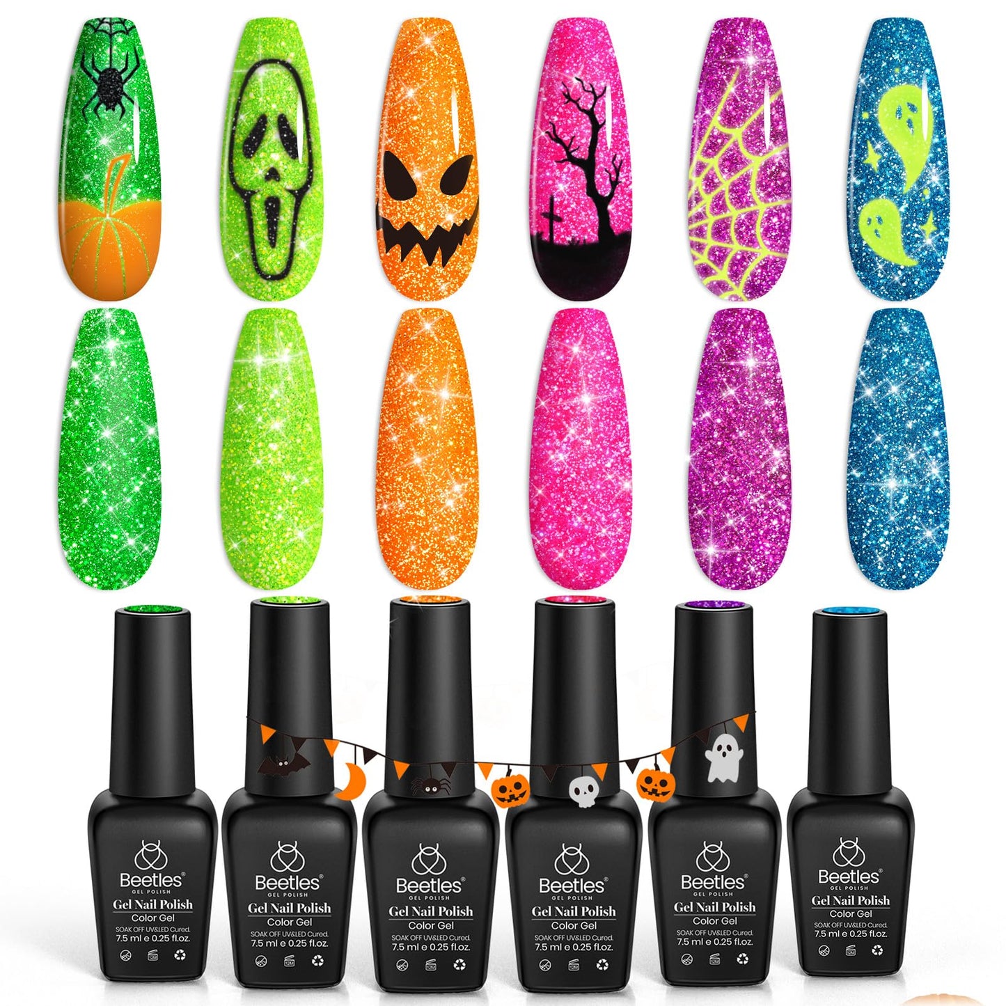 Beetles Glitter Gel Polish Set, 6 Colors Reflective Glitter Nail Polish Set Nails Gel Blue Hot Pink Purple Soak Off Uv Led Sparkly bright Colors Halloween Nail Polish Kit Gift for Women