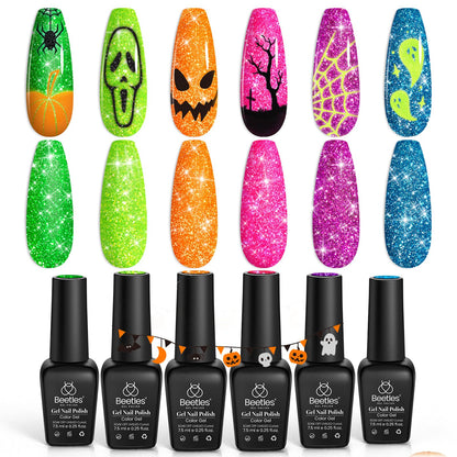 Beetles Glitter Gel Polish Set, 6 Colors Reflective Glitter Nail Polish Set Nails Gel Blue Hot Pink Purple Soak Off Uv Led Sparkly bright Colors Halloween Nail Polish Kit Gift for Women
