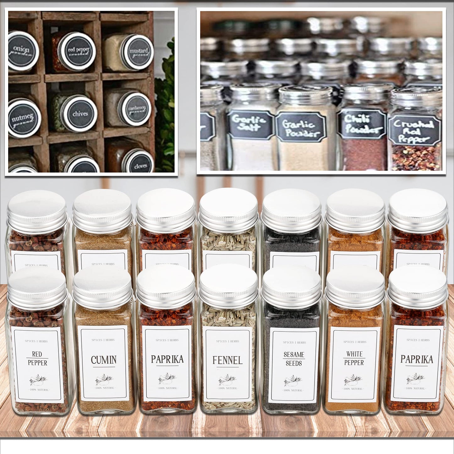 Spice Jars with Lids 25 Pcs, 4oz Square Glass Spice Jars with 150 Labels Shaker Lids 45pcs, 120ml Kitchen Spice Containers with Label Pen, Hose Brush