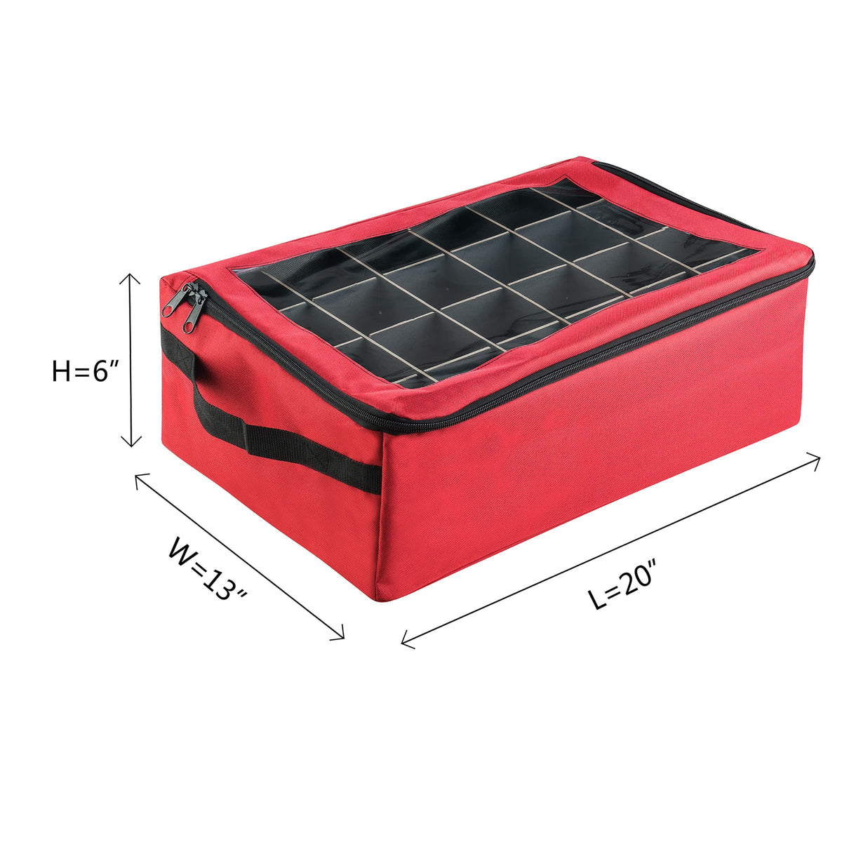 Ornament Storage Box - Zippered Lid Organizer with 48 Individual Compartments and Dividers for Christmas Bulbs and Decorations by Tiny Tim Totes (Red)