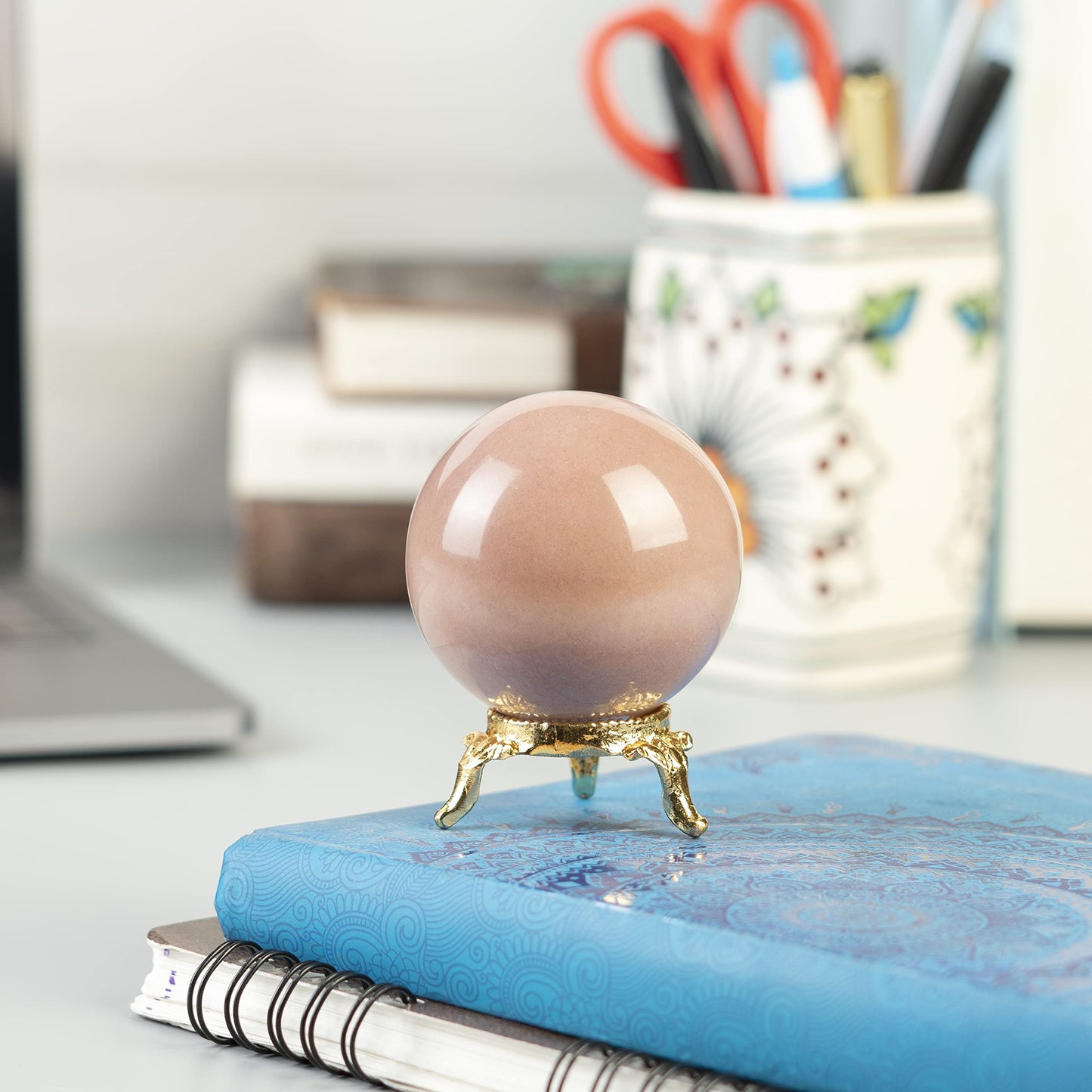 Crocon 45mm Pink Agate Stone sphere Ball with Metal Stand 1400+ Carats Gemstone Ball Healing Sphere Sculpture Figurine for Fengshui Divination Home Decoration Photography Crystal Sphere