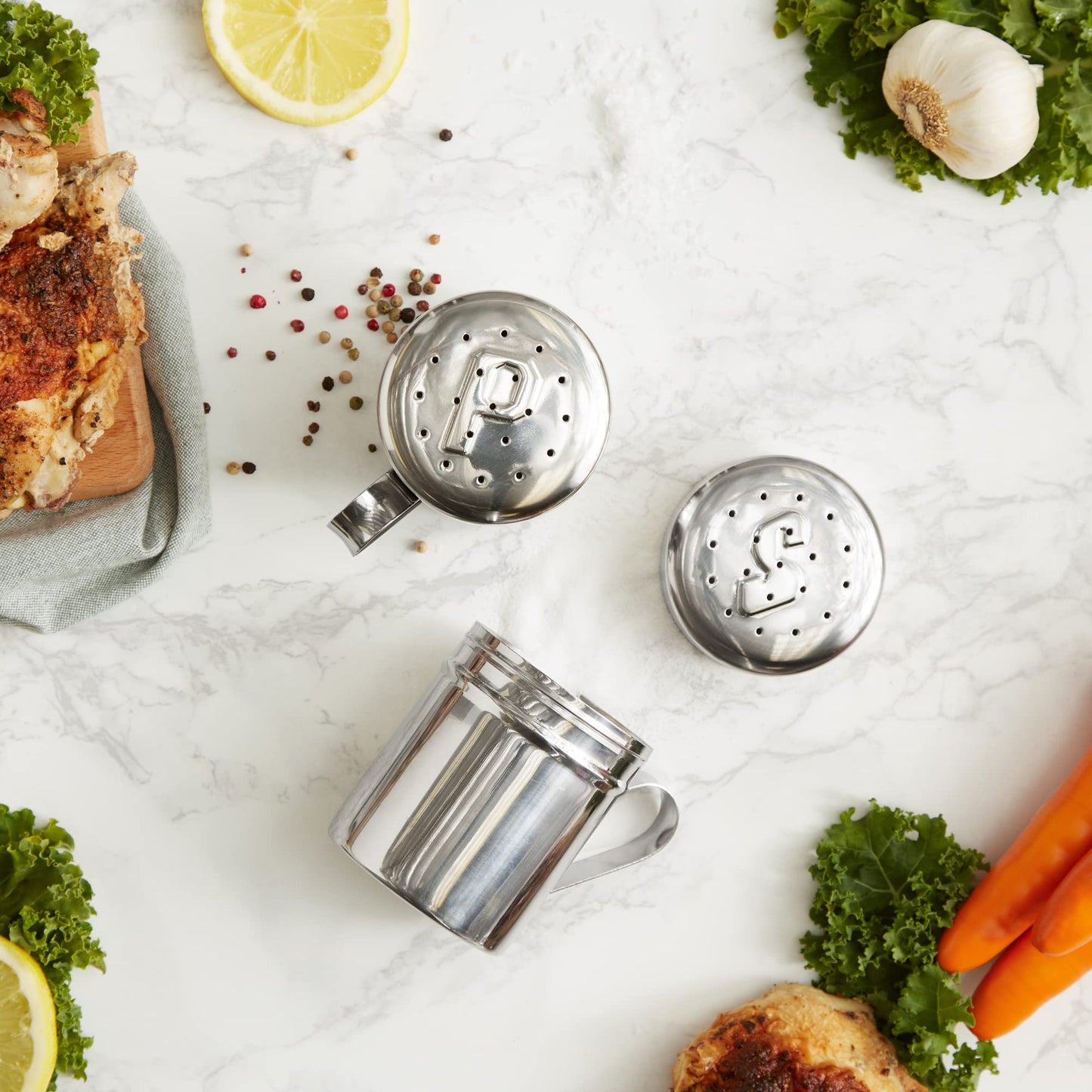 RSVP International Endurance Kitchen Shaker Collection, Dishwasher Safe, Salt & Pepper Set, 10-Ounce, Stainless Steel