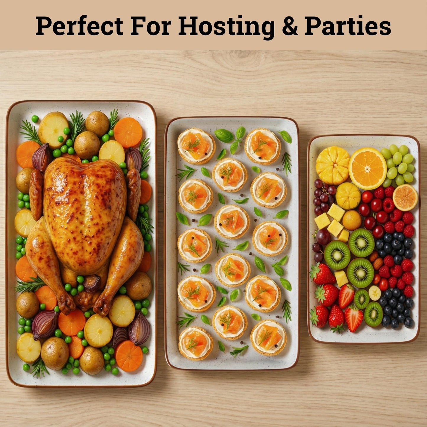 Ceramic Serving Platter Set of 3 - 16 / 14 / 12 Inches Oven Safe Serving Dishes for Entertaining - Platters and Trays - Porcelain Plates - Ceramic Grilling Platter - Rectangular Plates - Turkey Dishes