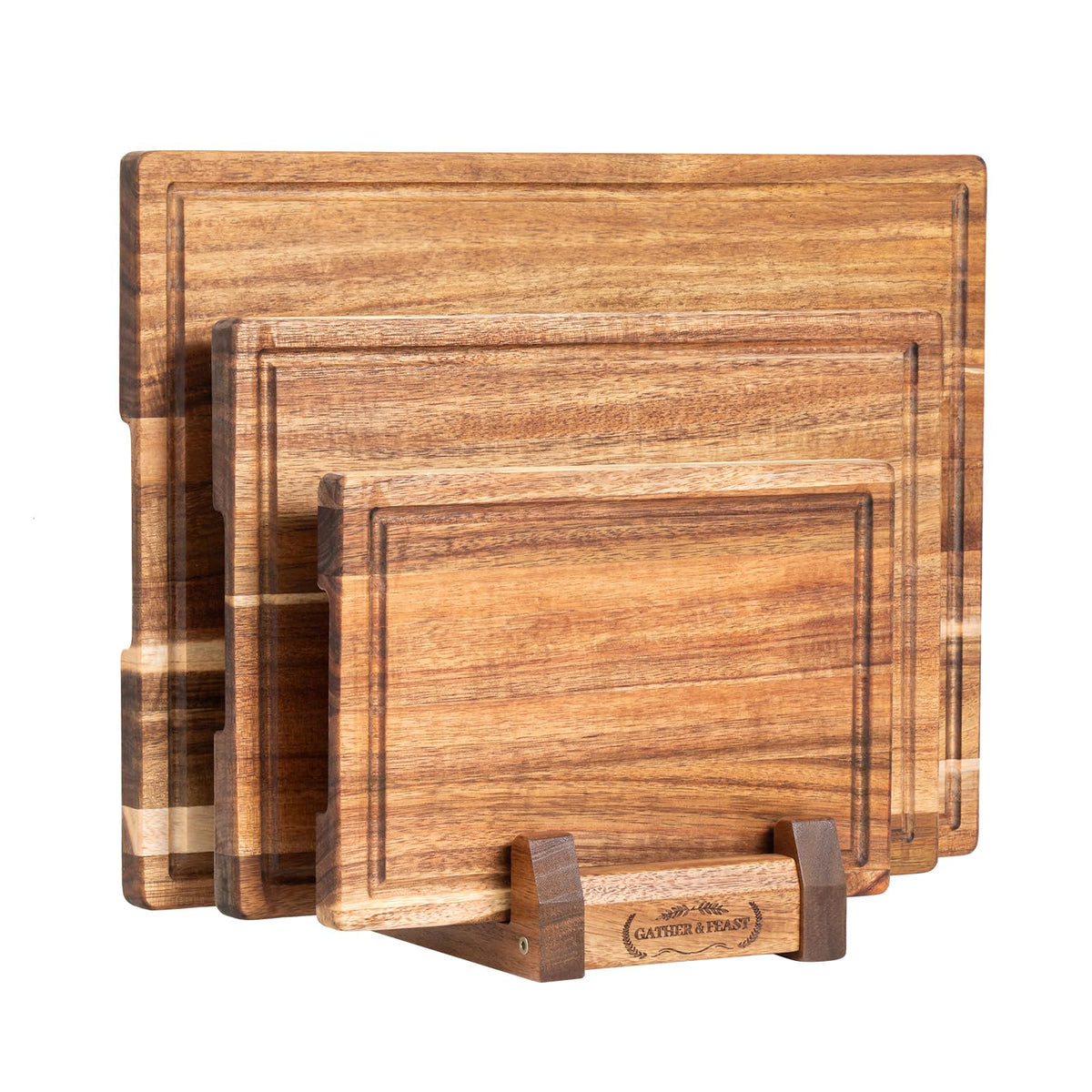 Cutting Boards for Kitchen with Wood Storage Stand Chopping Board Acacia Wood Cutting Board Juice Groove Easy-Grip Handles,Serving Tray for Charcuterie Meat Vegetables(Multi-Size Set | 3 Pack)