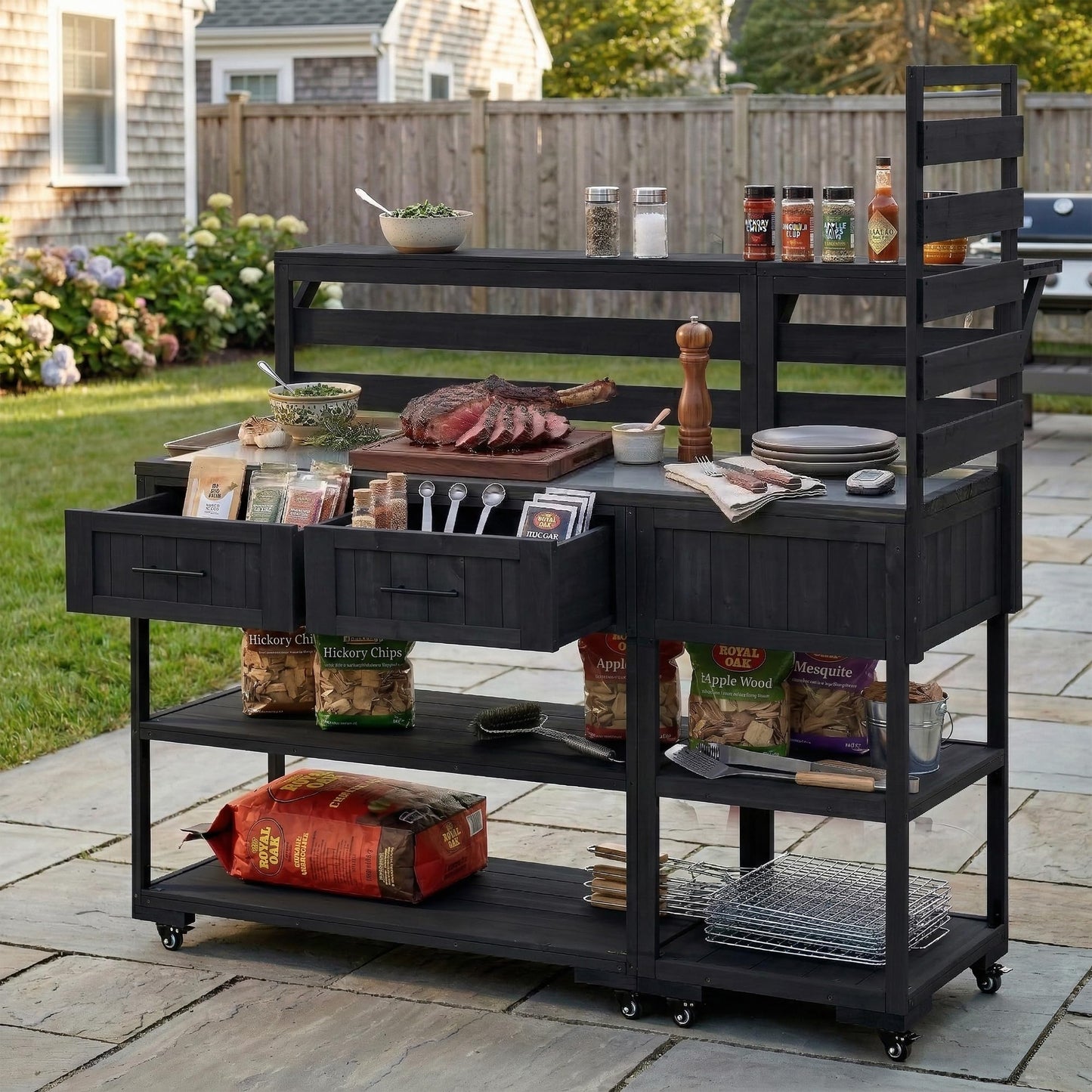GDFStudio Elshire Patio Kitchen Island Cart with Storage, Wooden Outdoor Storage Cabinet with Stainless Steel BBQ Prep Table Top, Drawers, Raised Shelf and Lockable Wheels, Garden Potting Bench, Black