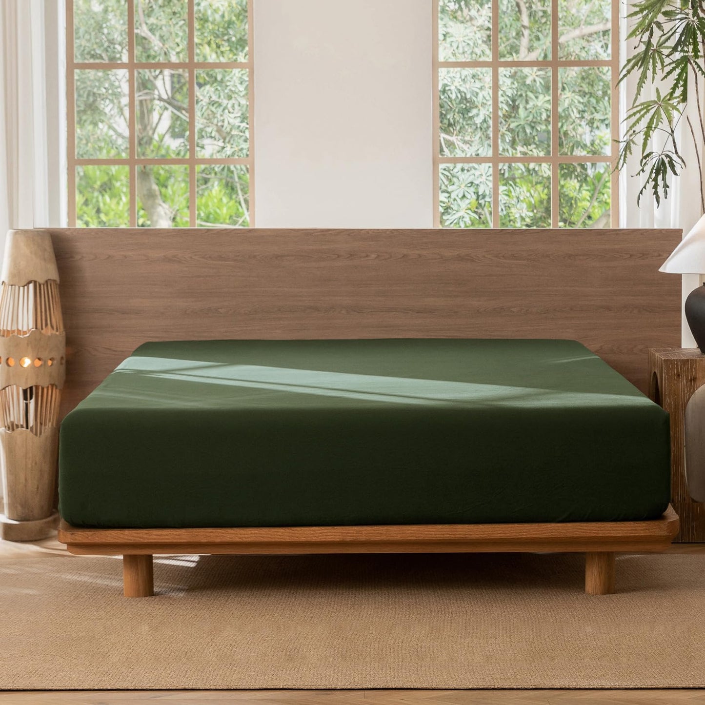 MooMee Fitted Bottom Sheet Only 100% Washed Cotton Linen Like Textured Breathable Durable Soft Comfy Deep Pocket Fits Mattress up to 17" (Forest Green, Queen)