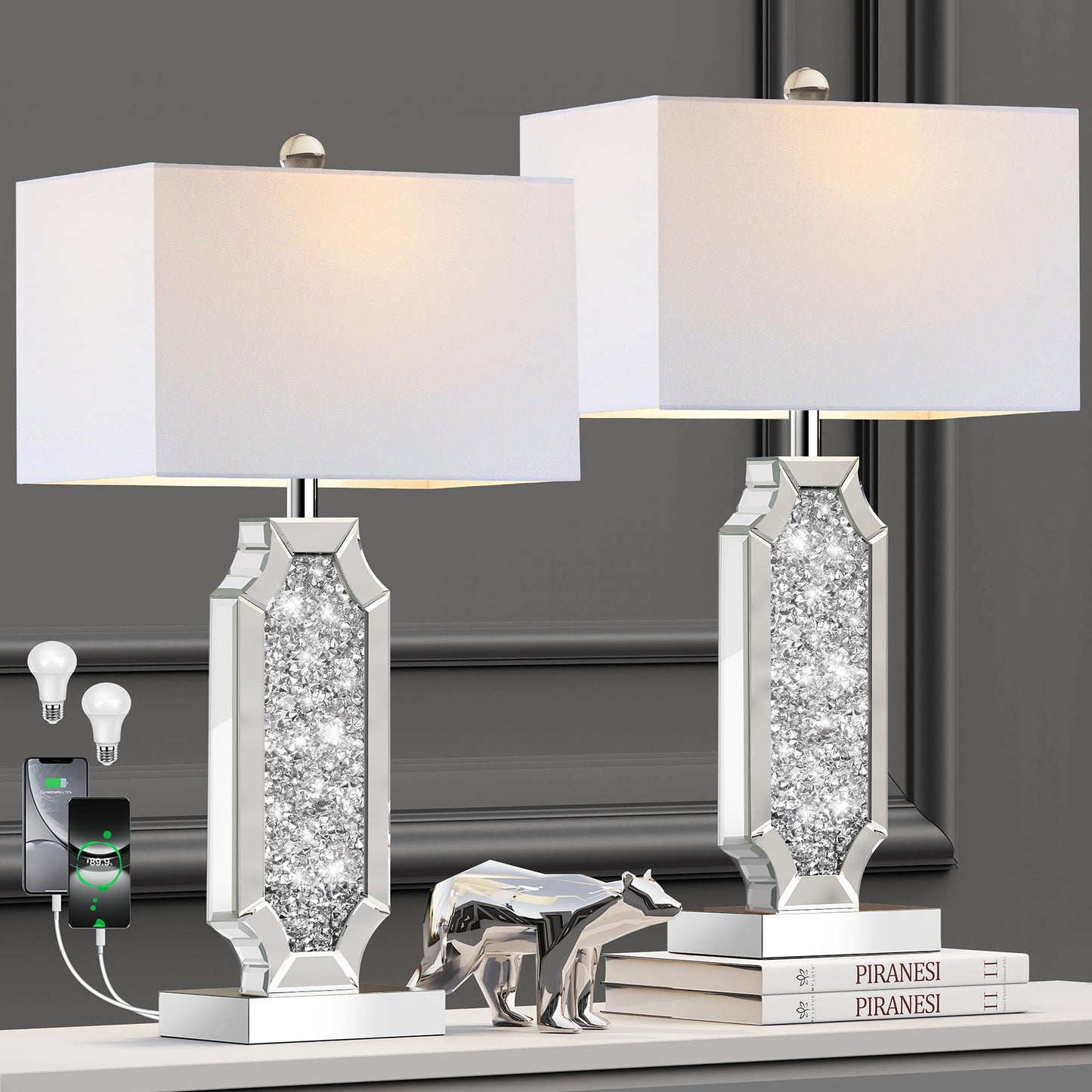 Hamucd 3-Way Dimmable Touch Diamond Crushed Mirrored Bedside Table Lamps Set of 2 for Living Room with USB A+C Ports,Tall Silver Modern Bling Nightstands Lamps for Bedroom with 2 Bulbs (Silver)