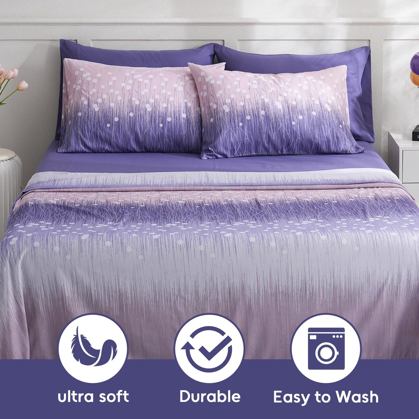 LONAVA Patchwork King Size 6 Pcs Sheet Set, Breathable Microfiber Deep Pocket Purple Fitted Sheets, Comfy & Breathable Patterned Flat Sheets,4 Gentle Soft Pillowcases, Purple Blossom