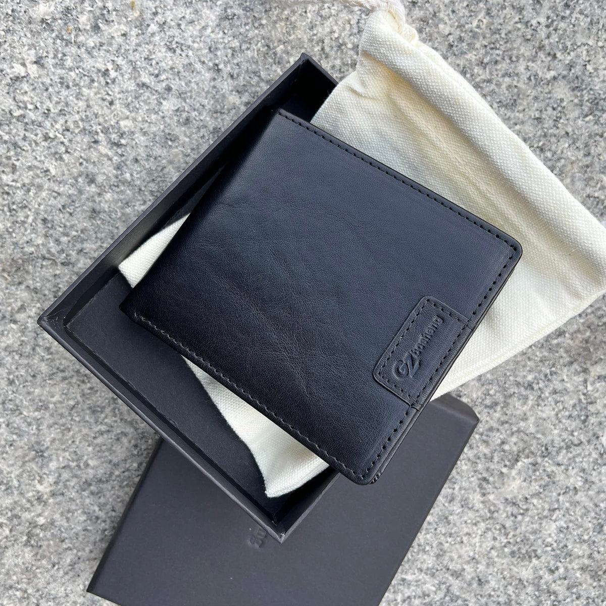 GZBOSHENG Mens Genuine Leather Bifold RFID Blocking Wallet for Men with 2 ID Window 9 Card Holders 2 cash pockets,Includes Gift Box for Father (Black)