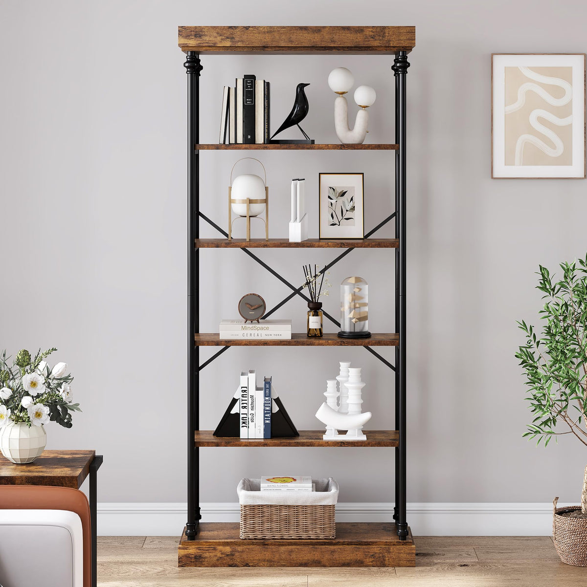 GarveeHome 6 Tier Bookshelf Industrial Bookcase Wood Tall Standing Bookshelves Wood Vintage Display Rack Rustic Bookshelf