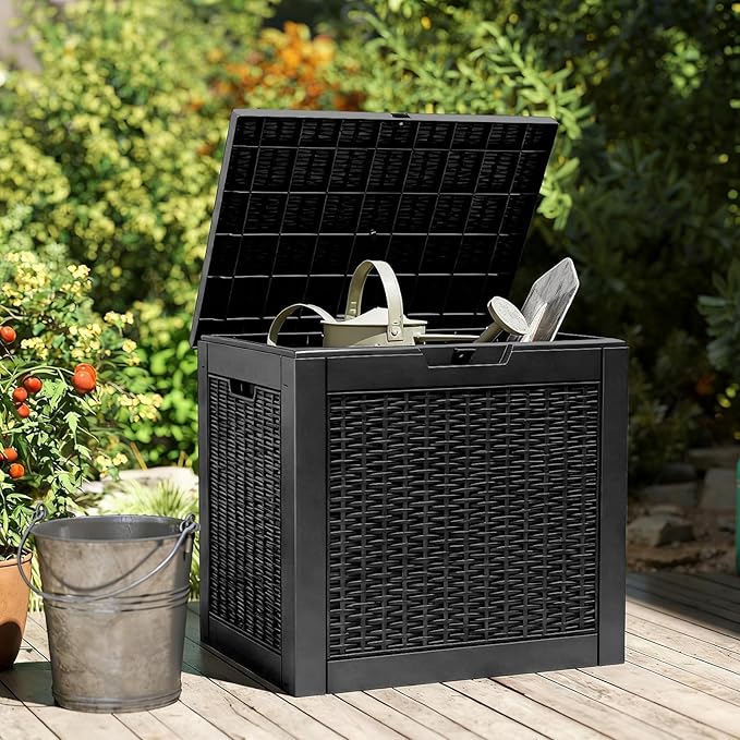 NEWBULIG 31 Gallon Outdoor Storage Box, Waterproof Deck Box with Lockable Lid, Patio Furniture Bench & Side Table, Easy Assembly, for Garden, Pool, Patio & Backyard Organization, Rattan Texture Black