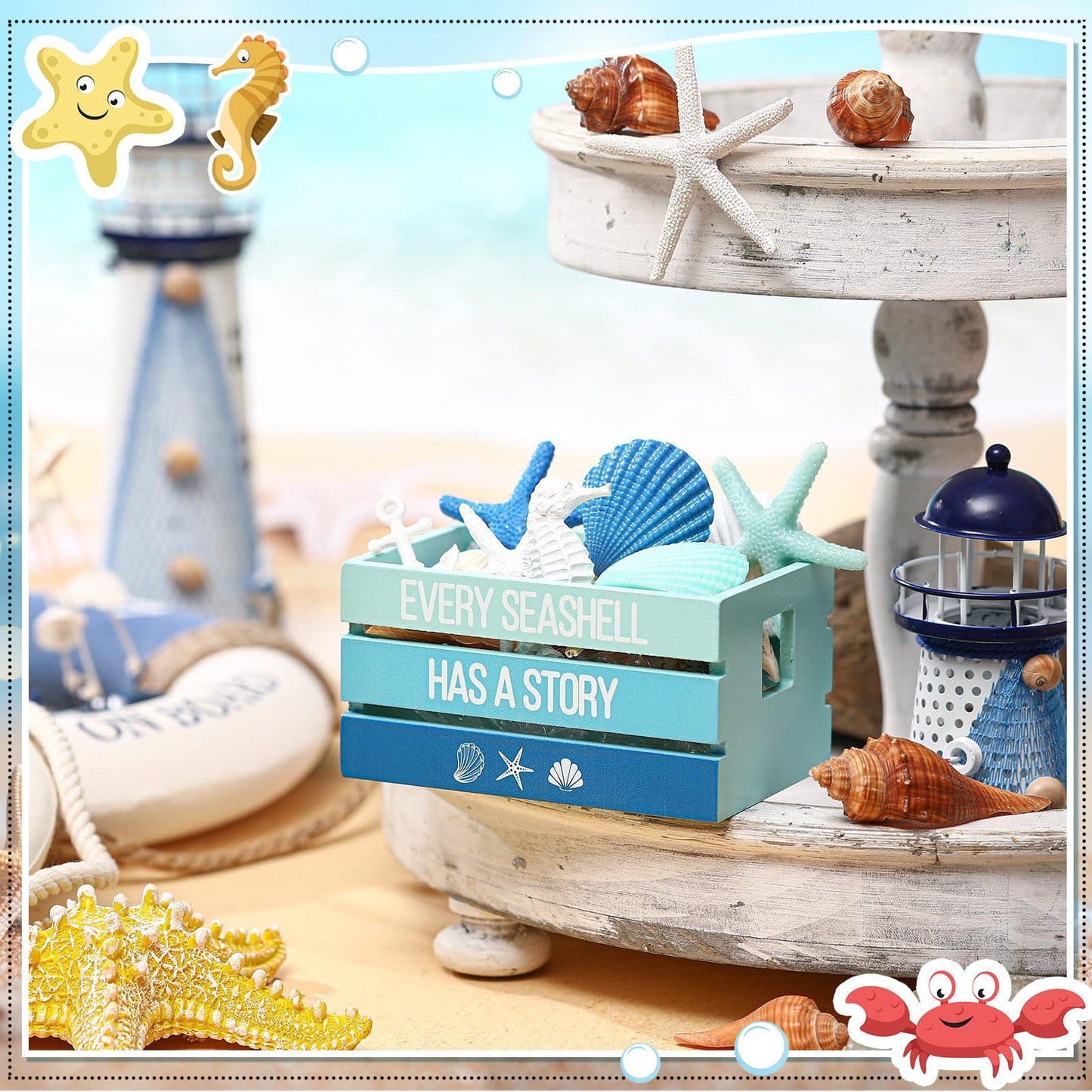 Maitys Beach Summer Table Decor Tiered Tray Decor Coastal Mini Wood Crate with 8 Starfish Shell Decoration, Farmhouse Table Centerpiece Rustic Nautical Decoration for Home Office Bathroom Shelf Mantel
