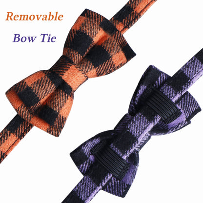 STMK 2 Pack Halloween Plaid Cat Collars with Bow Tie Bell, Breakaway Adjustable Pumpkin Cat Kitten Collars with Bowtie Bell for Halloween Cats Kittens Costume Decorations