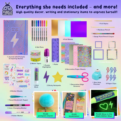 PURPLE LADYBUG Rebel Girls DIY Journal Kit for Girls Ages 6-12 - Creative Scrapbook Set with Stationery, Arts and Crafts Supplies - Diary Gift Set - Birthday Presents for 6 7 8 9 10 11 12 Years Old