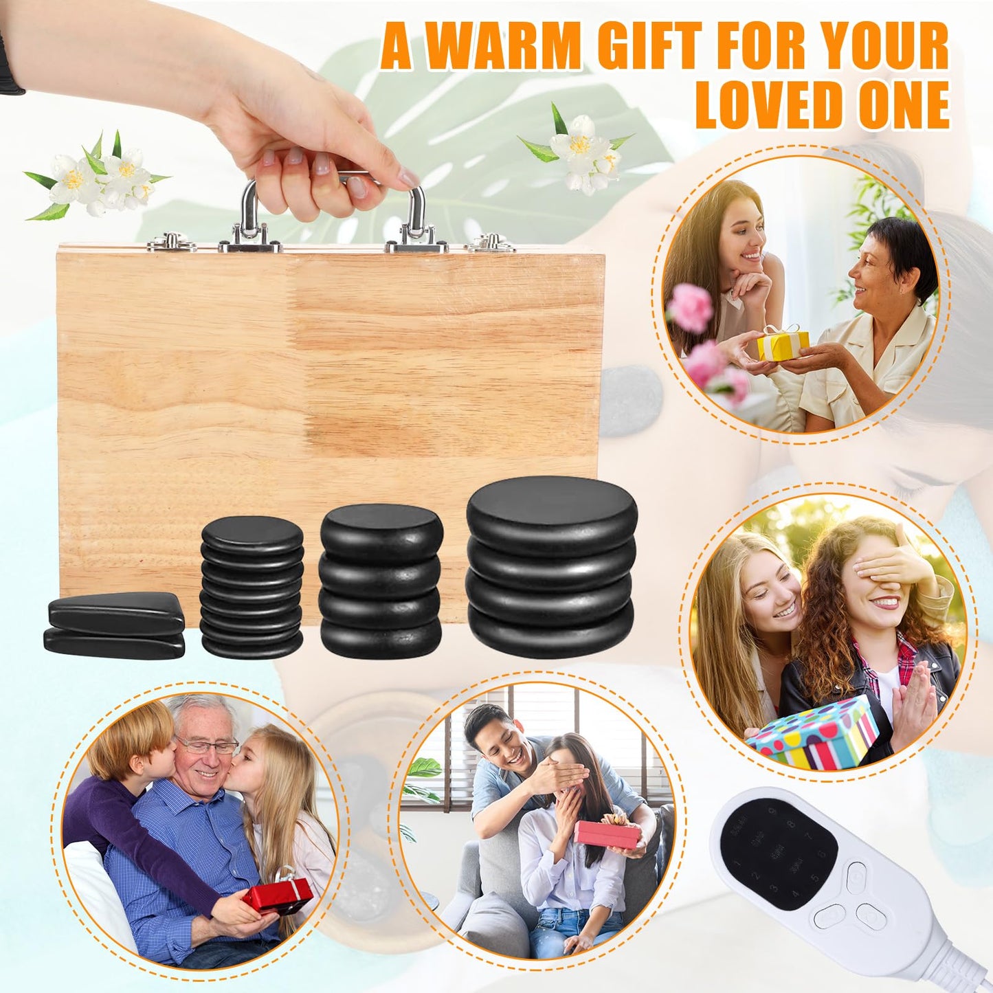 Yunsailing 18 Pcs Hot Stones Massage Set with Electric Heater Box 110v Basalt Massage Rock Kit for Professional Home Spa Warming Relaxing Relief, Constant 50°c (122°f)(Adjustable Temperature Wood Box)
