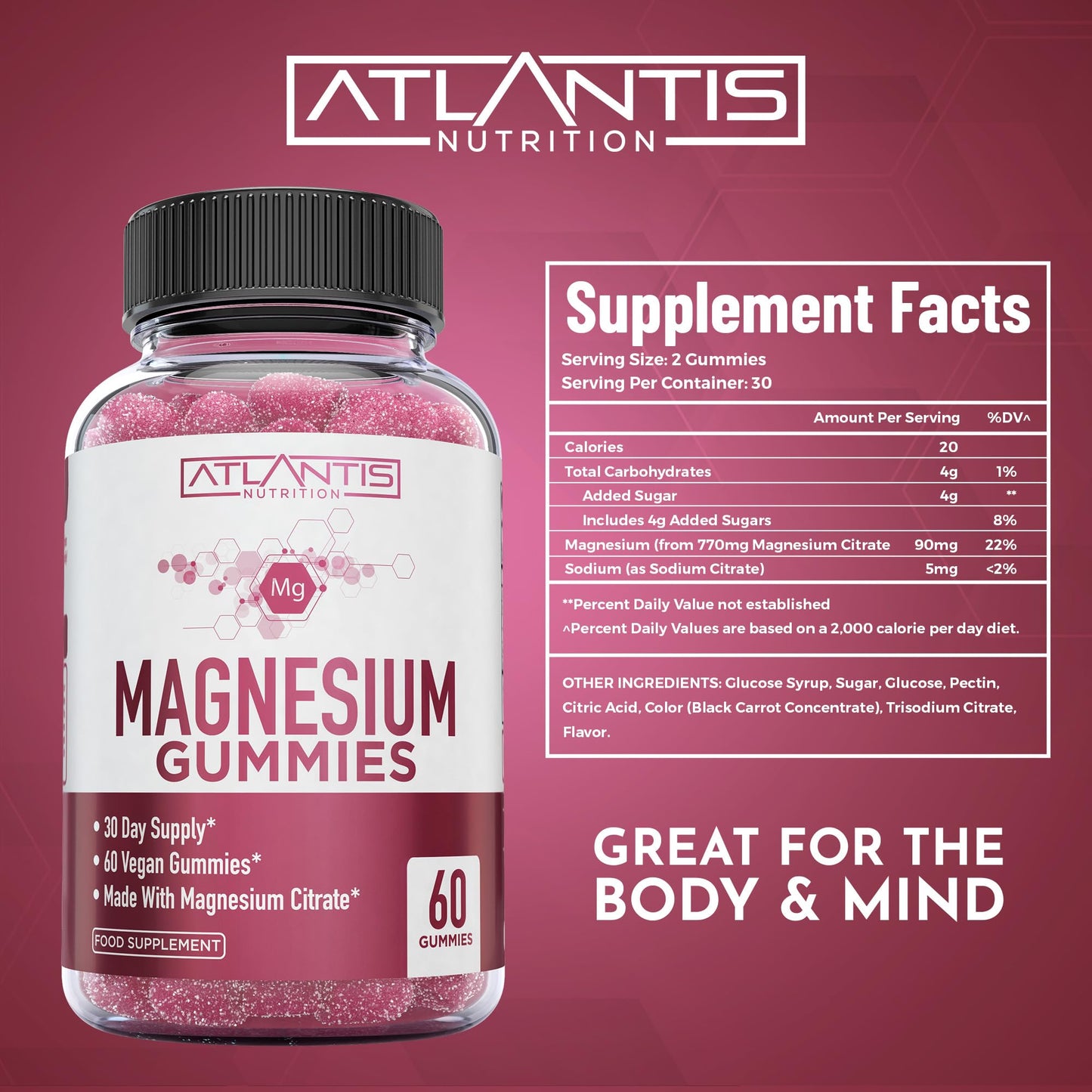 Magnesium Gummies - 770 MG Magnesium Citrate - Promotes Calmness & Improves Sleep. Helps Muscles Recover & Relieves Cramps - 60 Vegan Gummies