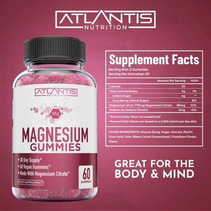 Magnesium Gummies - 770 MG Magnesium Citrate - Promotes Calmness & Improves Sleep. Helps Muscles Recover & Relieves Cramps - 60 Vegan Gummies