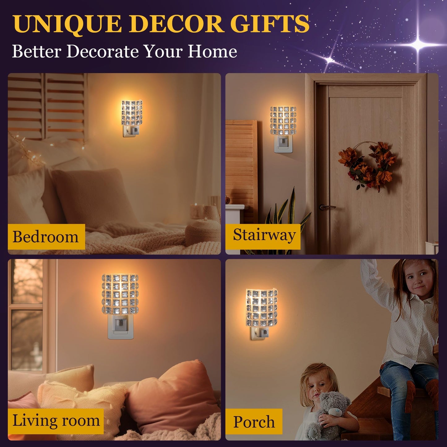Crystal Diamond LED Night Light Plug into Wall, Decorative Plug in Night Light with Manual On/Off Switch and 360° Rotating Plugs, Warm White Ambient Nightlight for Bedroom, Bathroom, Hallway Decor