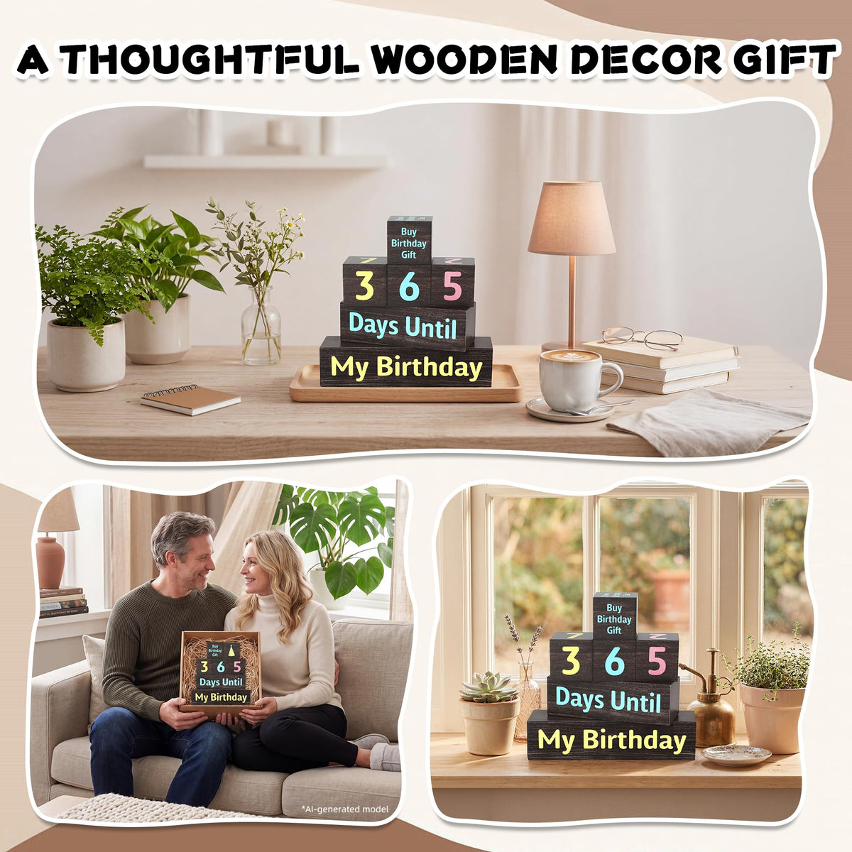 7 Pcs 365 Days Countdown Birthday Wooden Table Decor, Birthday Activities Decision Dice Rustic Table Centerpiece Decorations for Home Office