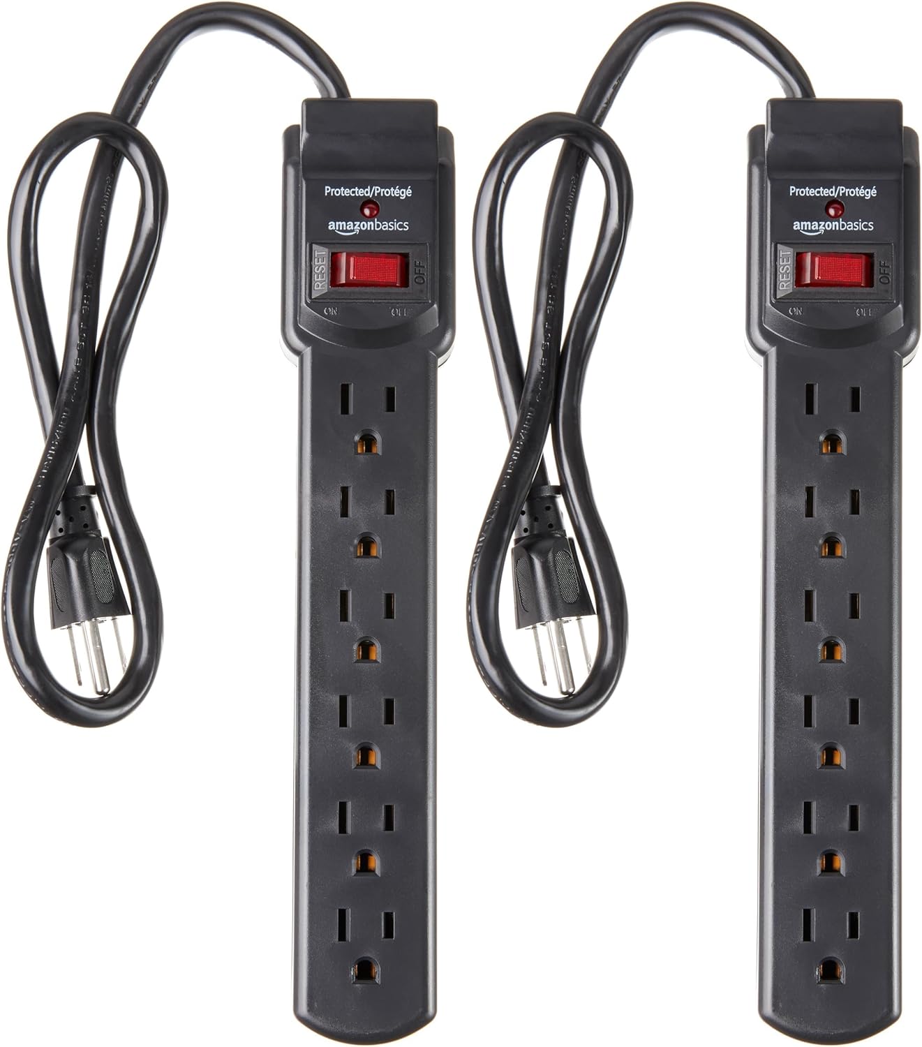 Amazon Basics Rectangle 6-Outlet, 600 Joule Surge Protector Power Strip, 2ft, Small, White, 2-Pack