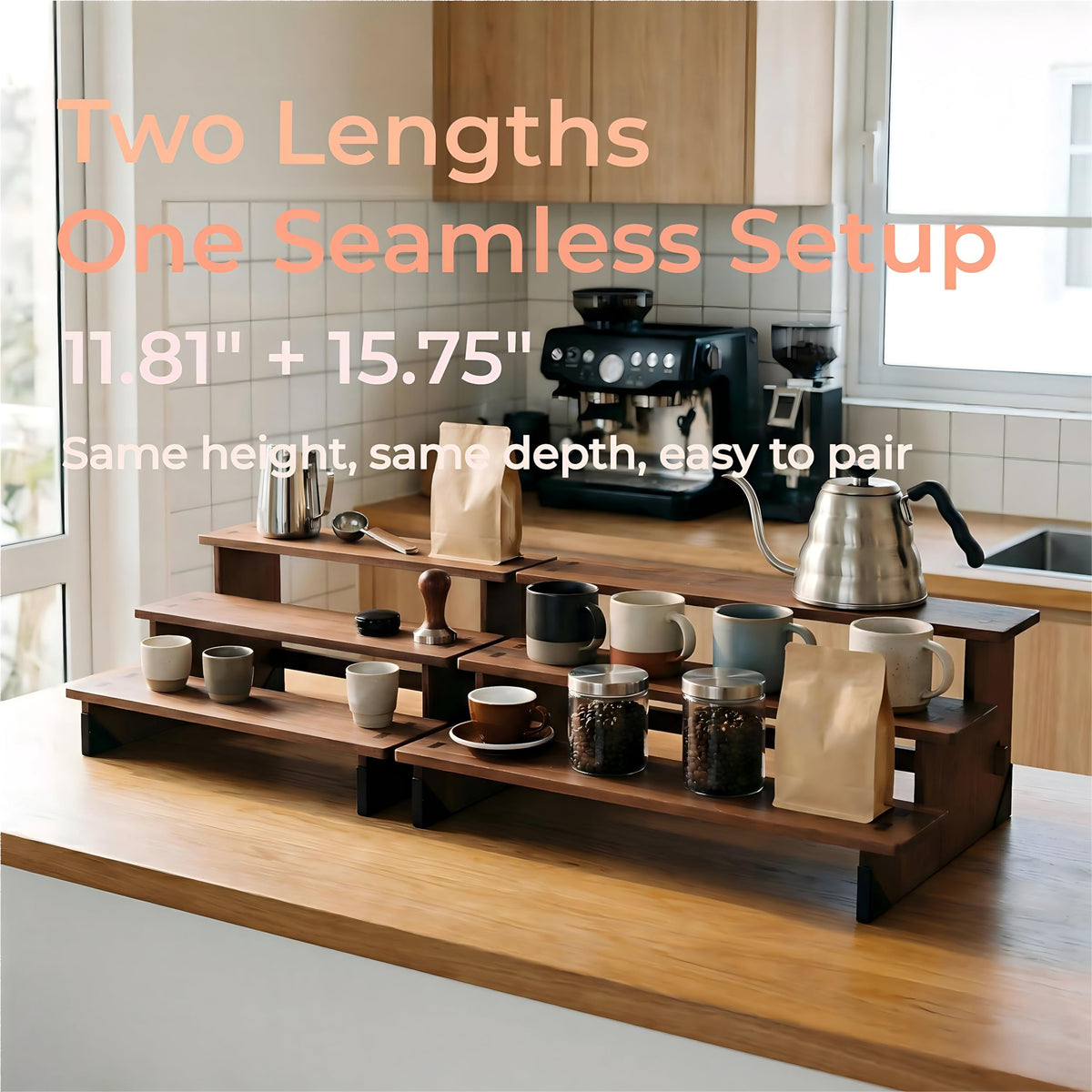 MiLiViNG 3 Tier Wooden Riser, Display Organizer Stand for Spice Jars, Coffee Bar, Perfume, Cupcakes, Vendor Display & Jewelry (15.7'' Spacious Long Size)
