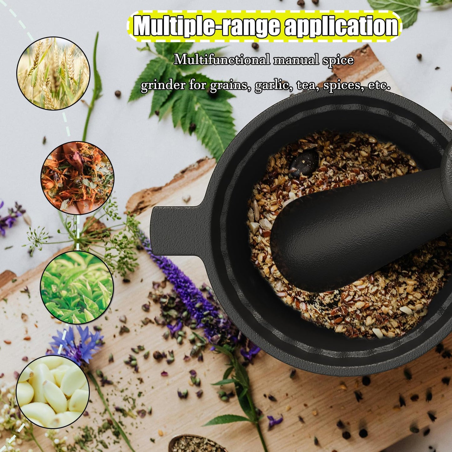 Aurionix Cast Iron Mortar and Pestle & Garlic Grater Plate Set, Guacamole Bowl and Masher with Bonus Brush/Spoon, Small Mortar and Pestle Set 3-in-1 Crushing Smasher for Kitchen Spices and Pesto