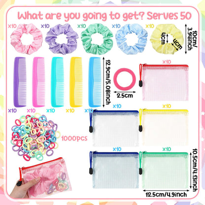 Suncalla 1150 Pcs 50 Set Operation Christmas Box Gifts Bulk Stain Scrunchies Mini Comb Small Hair String and Mesh Zipper Storage Bags Ideal for Operation Christmas Charity Box Volunteers Organizations