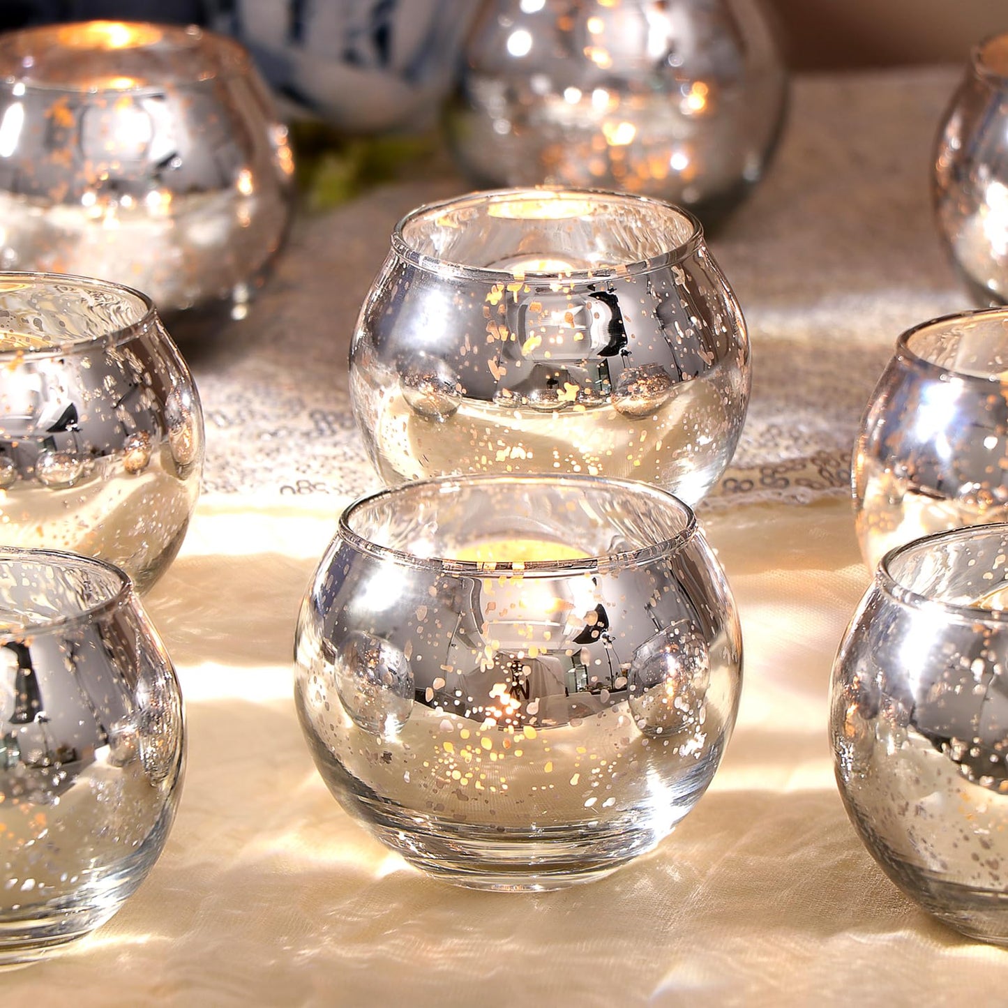 LAMORGIFT Silver Votive Candle Holders Set of 12 - Mercury Glass Votives Candle Holder - Christmas Tealight Candle Holder for Home Decor and Weddings/Parties Table Centerpieces