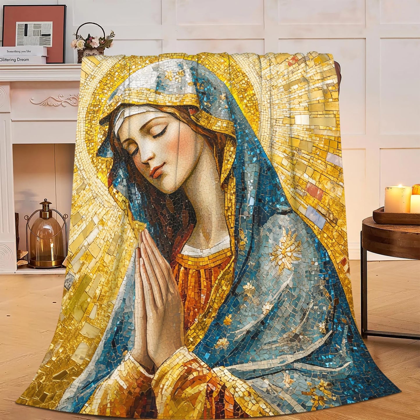 Virgin Mary Blanket Soft Fuzzy Fleece Golden Mother of God Catholic Blankets Decor Cozy Warm Plush Flannel Blanket Gifts for Boys Girls Men Women Home Chair Sofa Couch Bed 50"X40"