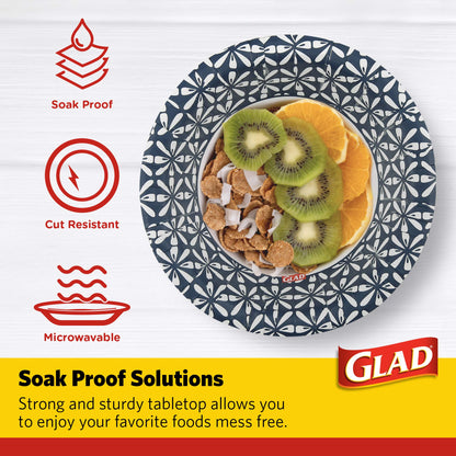Glad Round Disposable Paper Bowls, Blue Mosaic Design - Heavy Duty, Soak-Proof, Cut-Resistant, Microwavable Paper Bowls for All Foods, Daily Use, and Special Occasions, 16 oz, 50 Count