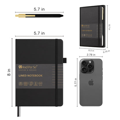 &And Per Se Lined Journal and Pen Set, A5 Leather Journal Stationery Set, 160 Pages 100GSM Thick Paper, Notebook Gift Set (Black)