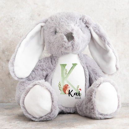 Crafted Memories - Personalised Teddy | Velveteen Bunny Soft Toy | Customisable Name for Newborns | Keepsake for Boys & Girls | Baby Shower Item | Green Initial | Grey or White, 20-23cm