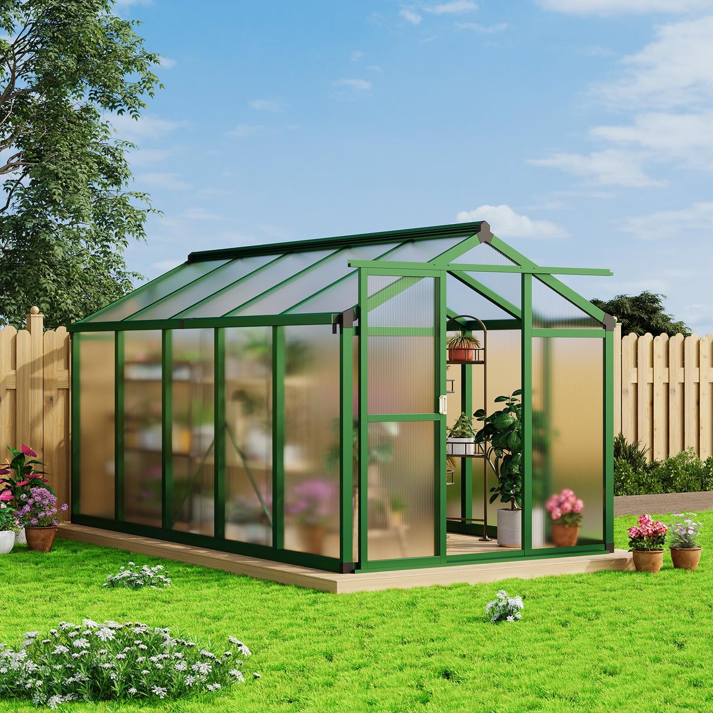 6x10 FT Greenhouse - Large Aluminum Greenhouses for Outdoors, Heavy Duty Polycarbonate Greenhouse with Roof Vent&Ground Nails, Walk-in Green Houses for Garden, Backyard, Patio, Easy Assembly