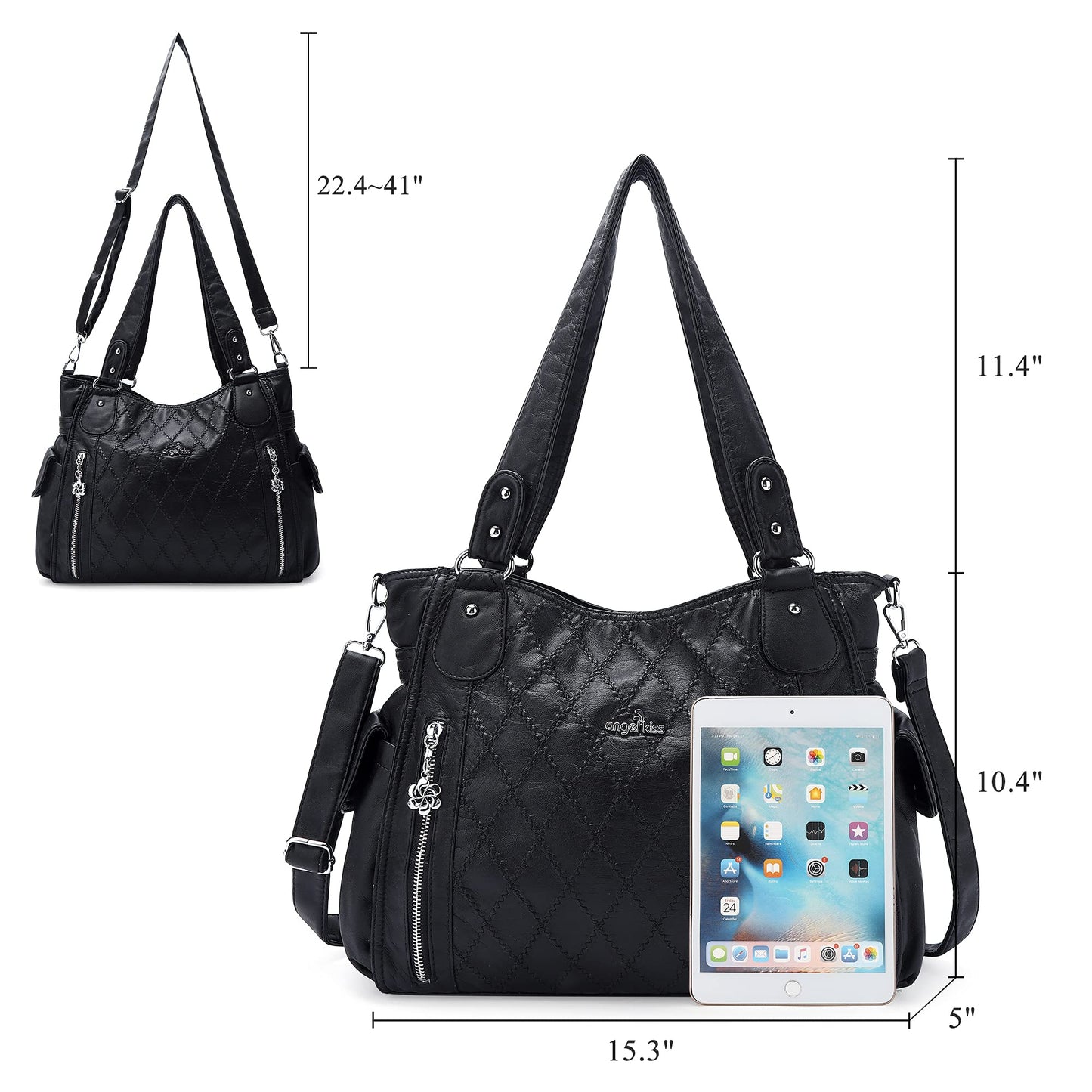 Angel Kiss Handbags for Womens Top-Handle Hobo Purse Roomy Casual Shoulder Bags PU Tote Satchel Purse for Women, Black-l, L