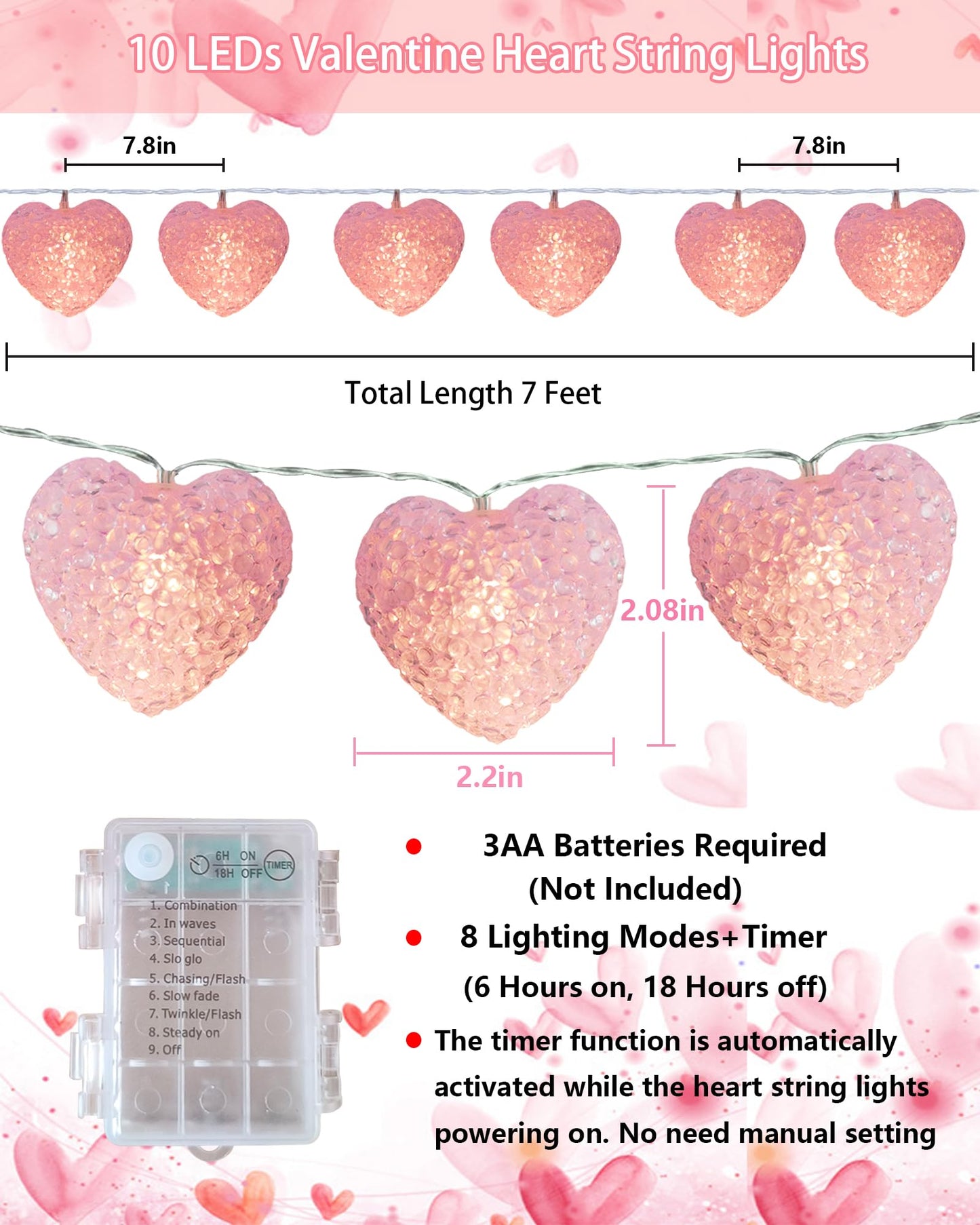Myhimx Valentines Day Lights 7ft 10 LED Pink Heart String Lights Battery Operated with Timer, Shatterproof Valentine Heart Light for Indoor Outdoor Home Bedroom Christmas Valentines Decor
