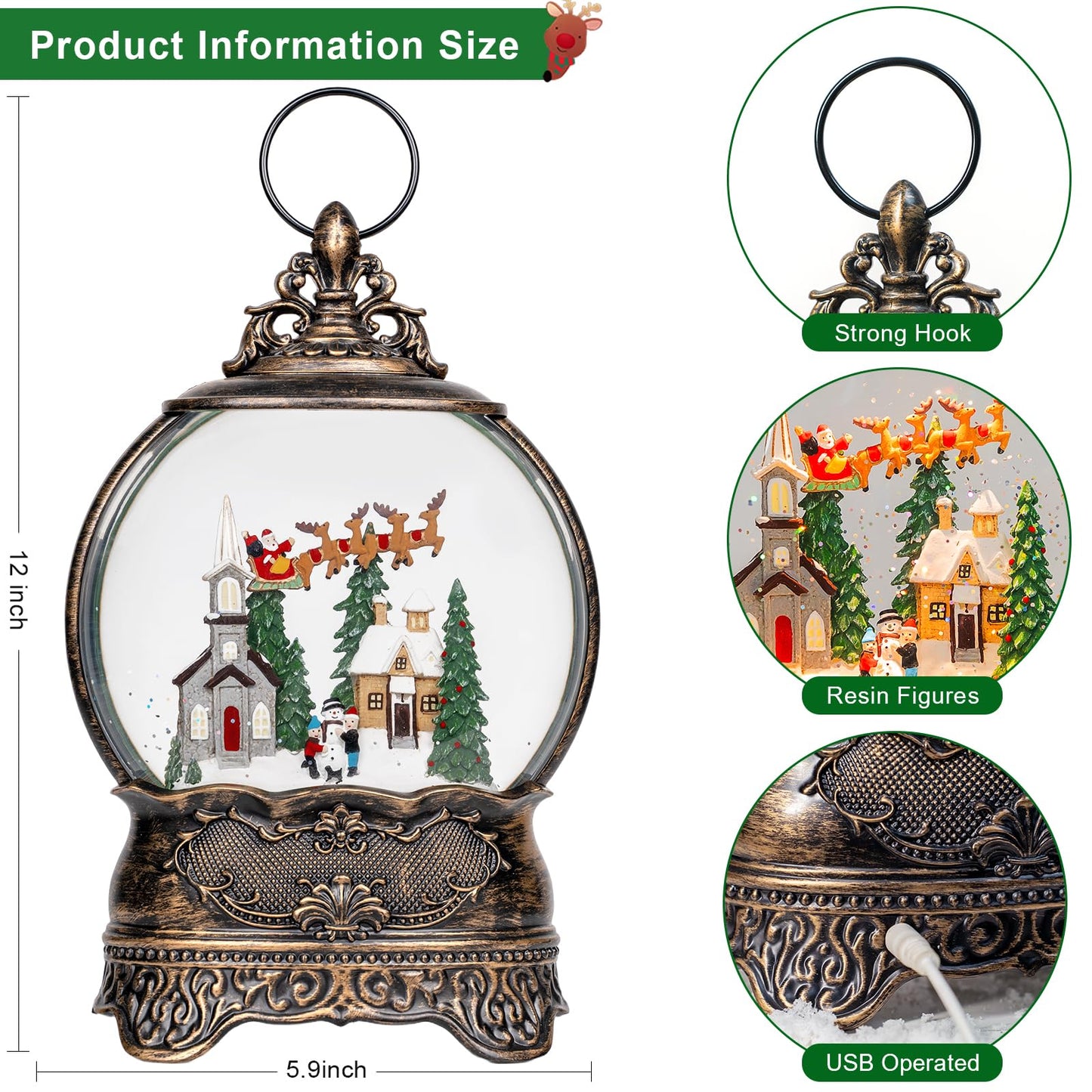 Christmas Snow Globes Lantern Snow Globe with Music Water Lantern Santa Flying Scene Elk Lighted Swirling Water Glitters Snowglobe Christmas Decoration