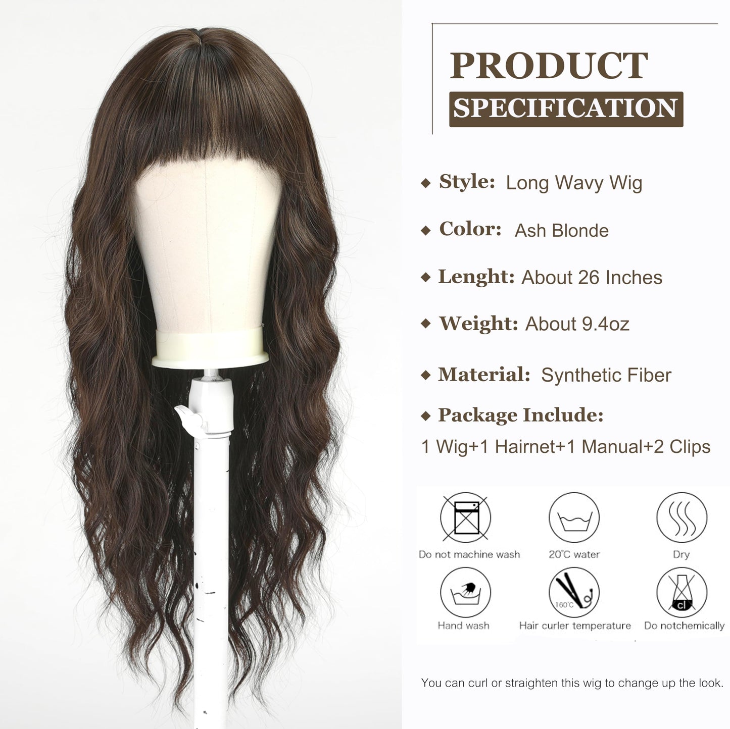 Esmee Long Wavy Black Brown Wig for Women Natural Synthetic Hair Heat Resistant Wigs with Fringe