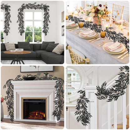 RECUTMS Artificial Hanging Willow Leaves Vine Twigs 2Pcs 5.7Ft Halloween Black Leave Garland Fake Silk Willow leaf Ivy Faux Greenery Plant for Indoor Outdoor Jungle Birthday Fall Christmas Party Decor