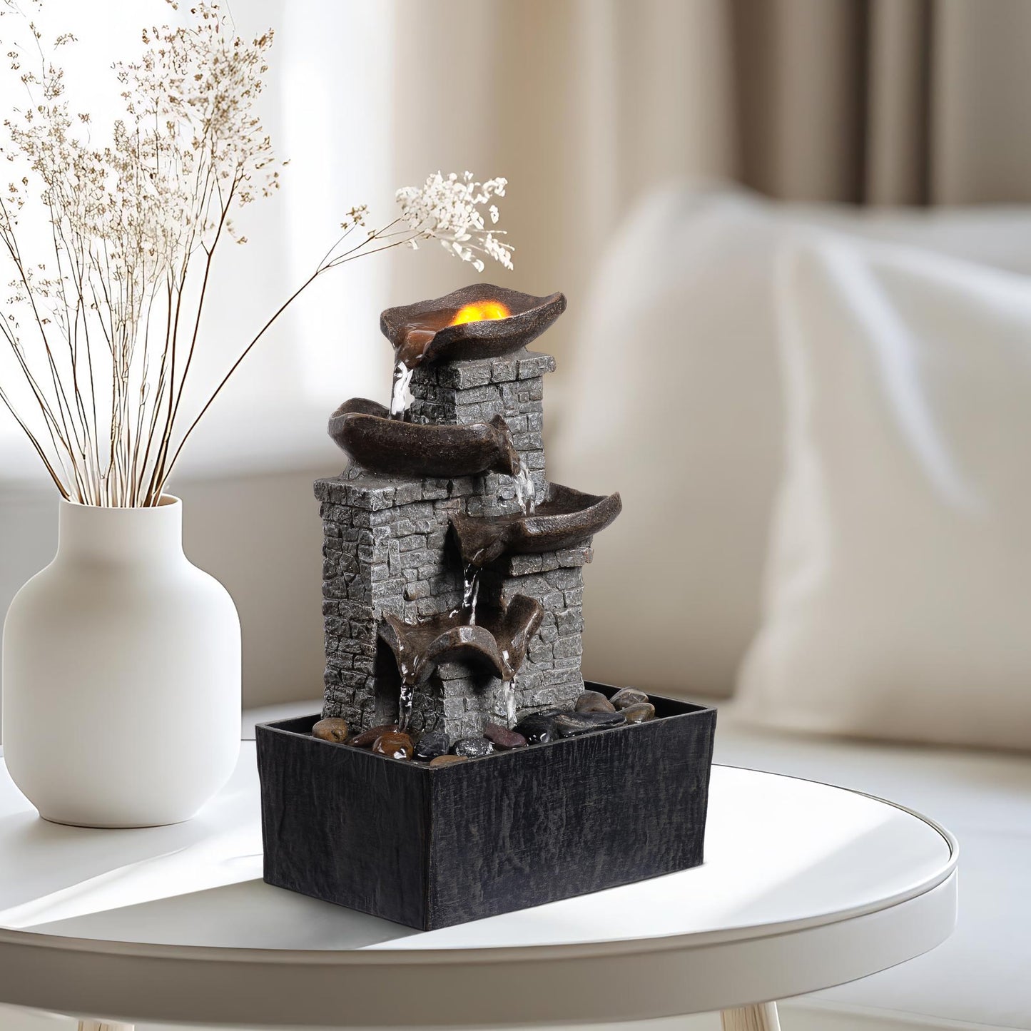 MAOCHI Tabletop Indoor Water Fountain Cascading with 3-Tier Bowl Brick Wall Design with LED Light Tabletop Zen Decor