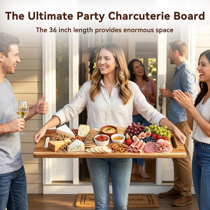 LDQ Extra Large 36 x 11 Inch Acacia Wood Cutting Board, 3-in-1 Cutting, Serving & Display Board, XXL Long Charcuterie Boards with 2 Wooden Stands, for Kitchen Prep & Party Table Centerpiece