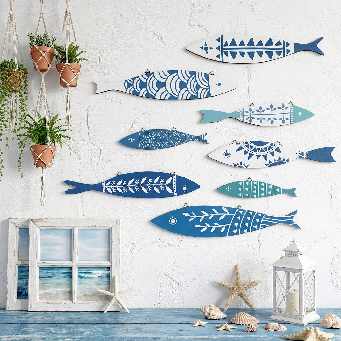 Novabright 8 Pcs Wooden Fish Wall Decor Nautical Oceans Beach Decor Fish Hanging Wall Art Ocean Coastal Rustic Farmhouse Theme for Home Ocean Lake House Bathroom Bedroom